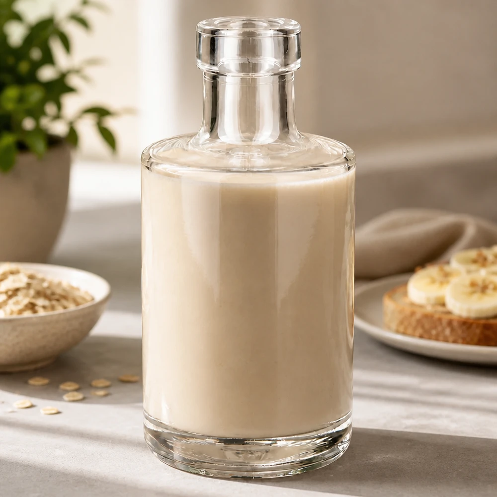 Szklana butelka 200 ml Marie bez zamknięcia UNiTWIST® Szklana butelka Marie 200ml wypełniona mlekiem owsianym Scena kuchenna Lifestyle z płatkami owsianymi i chlebem Aplikacja