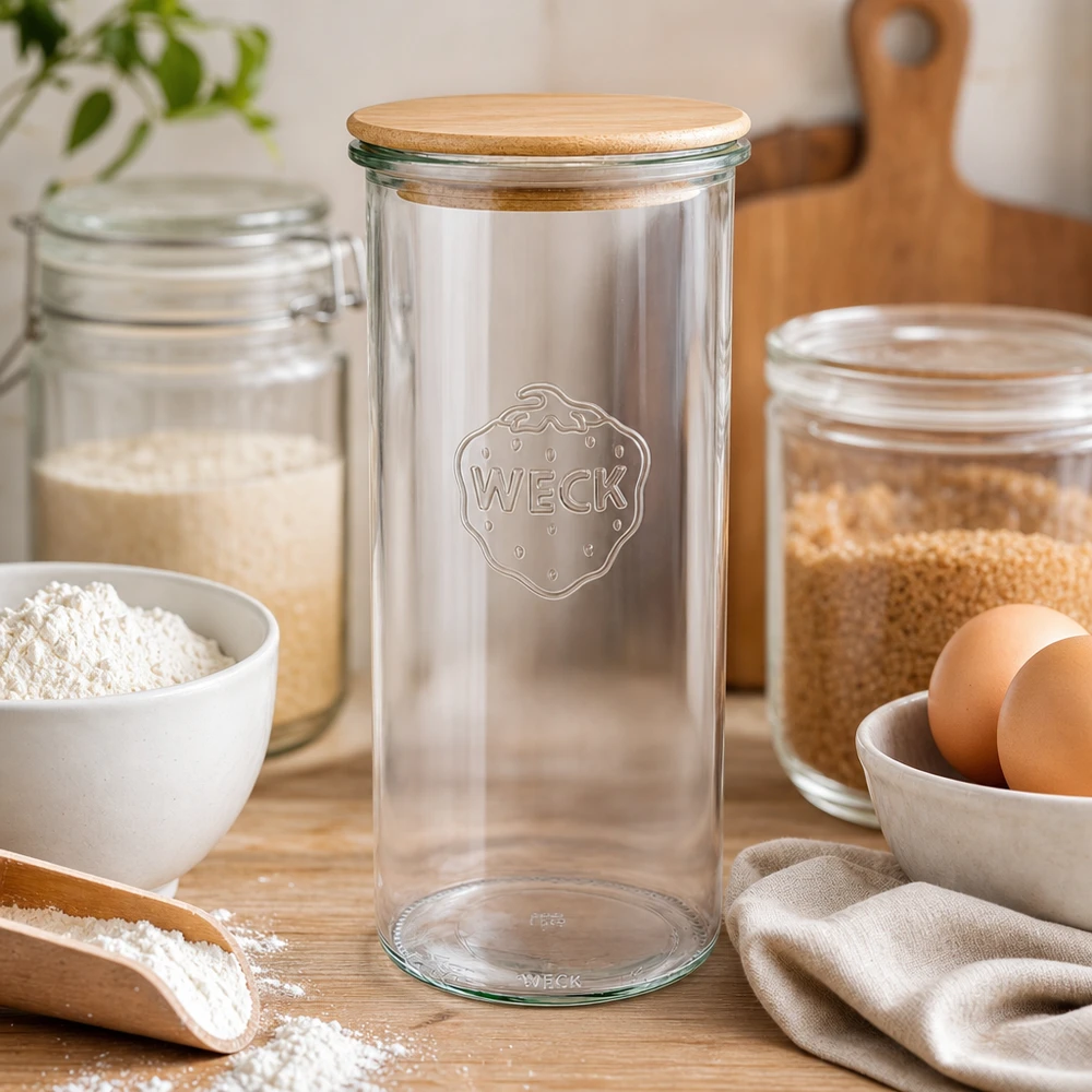 Kubki WECK RR100 o pojemności 1500 ml z drewnianą pokrywką WECK RR100 1500ml słoik z drewnianą pokrywką na mąkę, płatki śniadaniowe, wypieki, dekoracje kuchenne w stylu skandynawskim