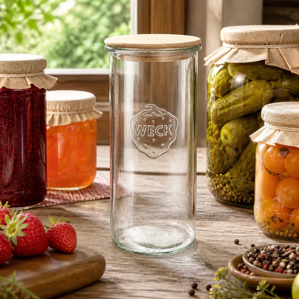 WECK RR100 1500ml słoik na przetwory z drewnianą pokrywką w rustykalnej kuchni z dżemem i marynowanymi korniszonami