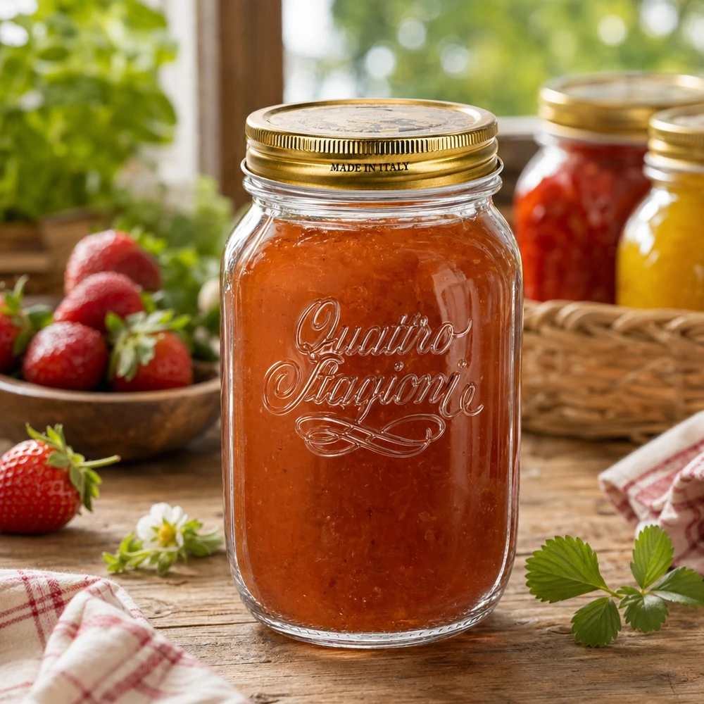 Słoik okrągły 1000 ml „Quattro Stagioni” z pokrywką 1000 ml słoik Quattro Stagioni wypełniony domowym dżemem truskawkowym na rustykalnym drewnianym stole Włoski słoik na przetwory