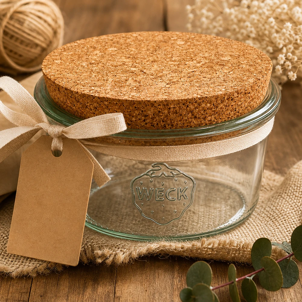 Szklanki 165ml WECK RR80 z korkiem naturalne WECK Sturzglas 165ml RR80 mit Korken im rustikalen Dekor mit Geschenkanhänger natürliche Aufbewahrung