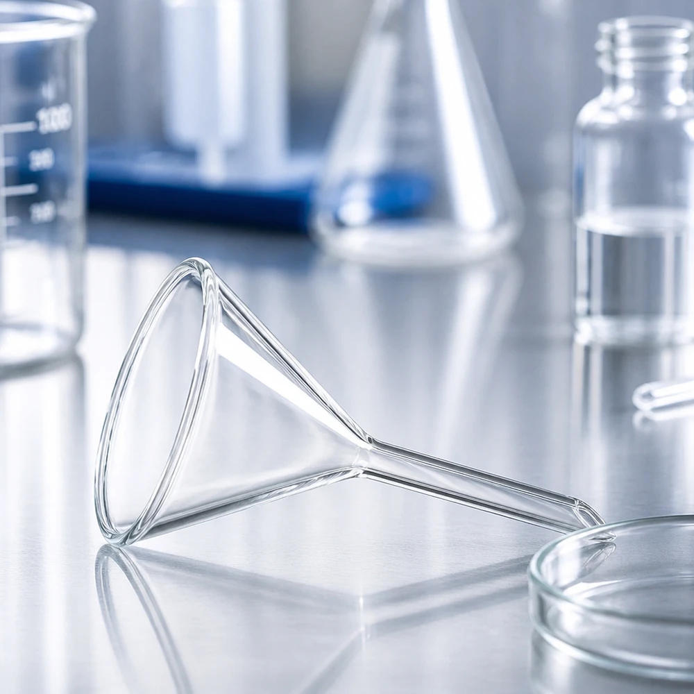 Lejek Ø 45 mm do wapna sodowanego, kąt 60°, krótki Precyzyjny lejek 45 mm wykonany z żaroodpornego szkła sodowo-wapniowego do prac laboratoryjnych i analiz