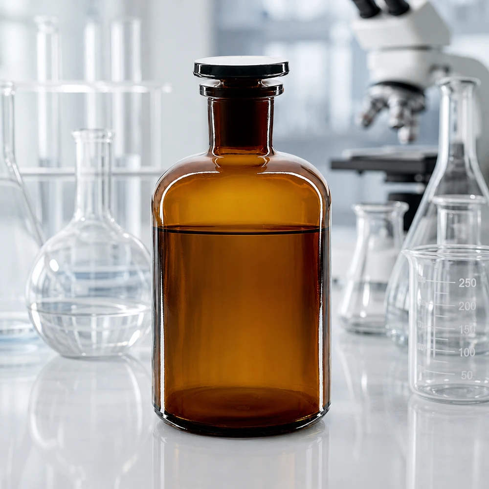 Okrągła butelka na ramię 500 ml z brązową wąską szyjką i szklanym korkiem Butelka z ochroną przed światłem, 500 ml, brązowa, z zaokrąglonymi ramionami i wąską szyjką, z korkiem szklanym, stosowana w warunkach laboratoryjnych