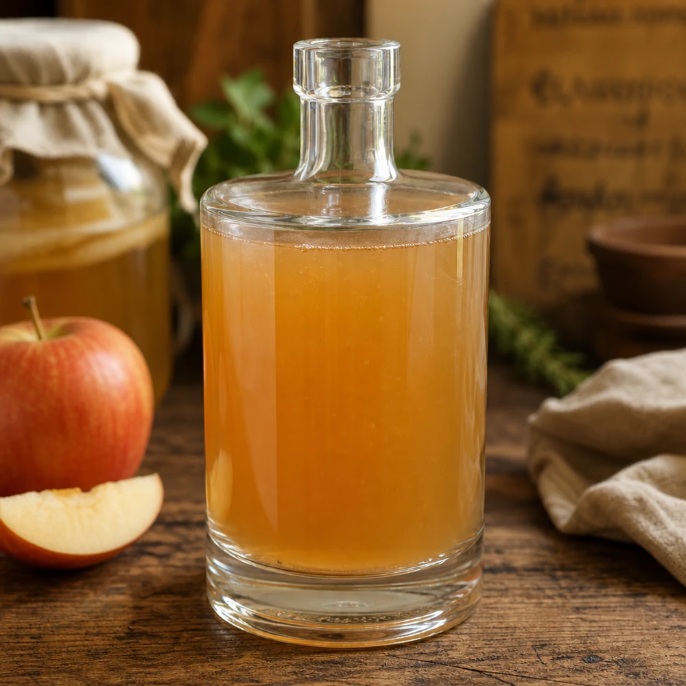 500 ml szklana butelka Marie wypełniona cydrem jabłkowym obok świeżych jabłek pokazuje wszechstronne zastosowanie do domowych soków