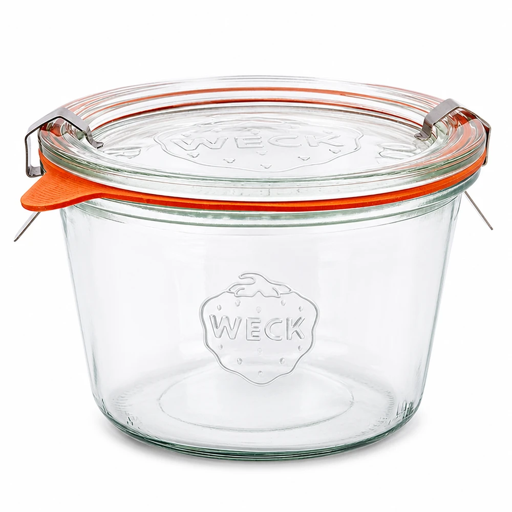 Kubki o pojemności 370 ml w komplecie WECK RR100 Słoik WECK 370ml RR100 ze szklaną pokrywką i pomarańczowym gumowym pierścieniem, kompletny zestaw do konserwowania i puszkowania