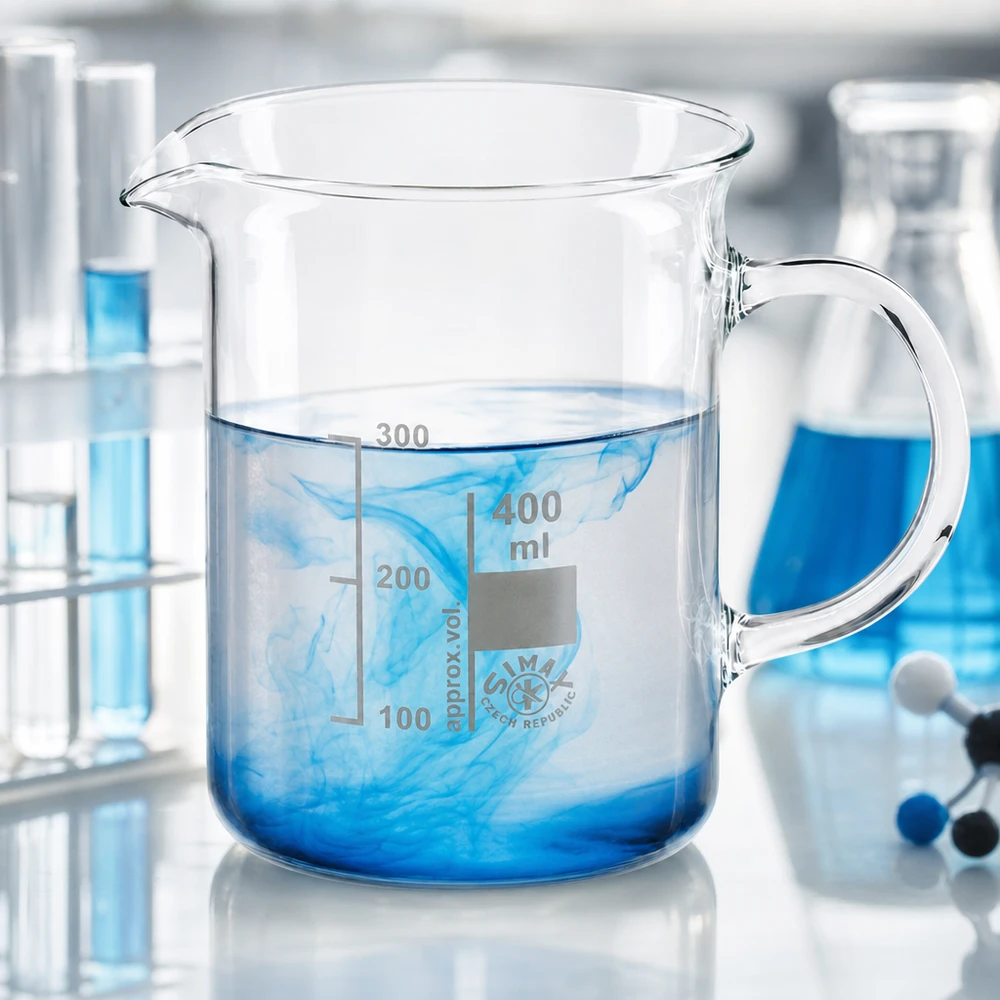 Zlewka 400 ml ze szkła borokrzemowego, z uchwytem Szklanka o pojemności 400 ml z uchwytem; niebieski barwnik rozpuszcza się w wodzie; szkło borokrzemowe; wyposażenie laboratoryjne