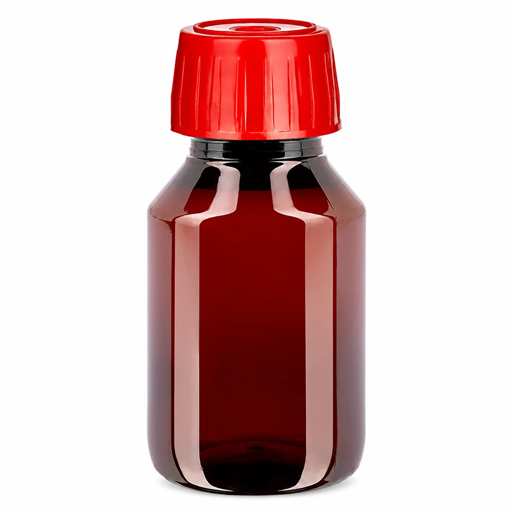 Brązowa butelka PET o pojemności 50 ml z czerwonym zamknięciem odgazowującym, przeznaczona do bezpiecznego przechowywania płynów