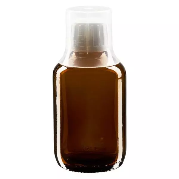Butelka na lek 150ml brązowa, zakrętka OV z kubkiem dozującym 30ml ApoGlas. Farmaceutyczna jakość produkcji UE. Gwint 28 mm (PP28). (syrop, butelka z lekkiego szkła) Butelka na lek 150ml brązowa, zakrętka OV z kubkiem dozującym 30ml ApoGlas. Farmaceutyczna jakość produkcji UE. Gwint 28 mm (PP28). (syrop, butelka z lekkiego szkła)