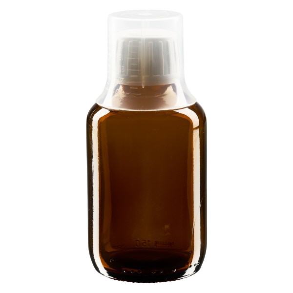 Butelka na lek 150ml br&#261;zowa, zakr&#281;tka OV z kubkiem dozuj&#261;cym 30ml ApoGlas. Farmaceutyczna jako&#347;&#263; produkcji UE. Gwint 28 mm (PP28). (syrop, butelka z lekkiego szk&#322;a)