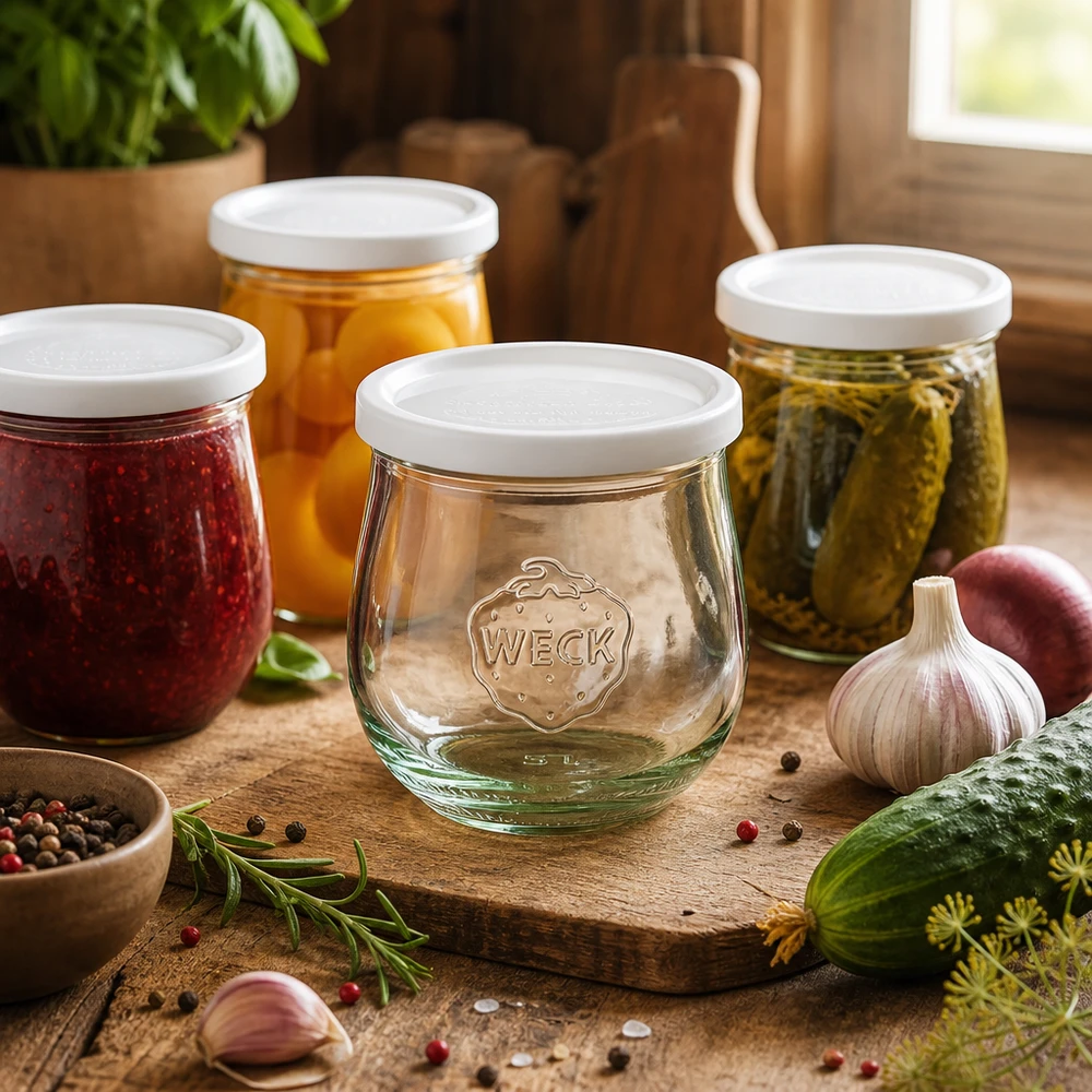 WECK słoik tulipan 370ml RR80 w kuchennej scenerii z przetworami, przyprawami i ziołami ułożonymi na drewnianej desce