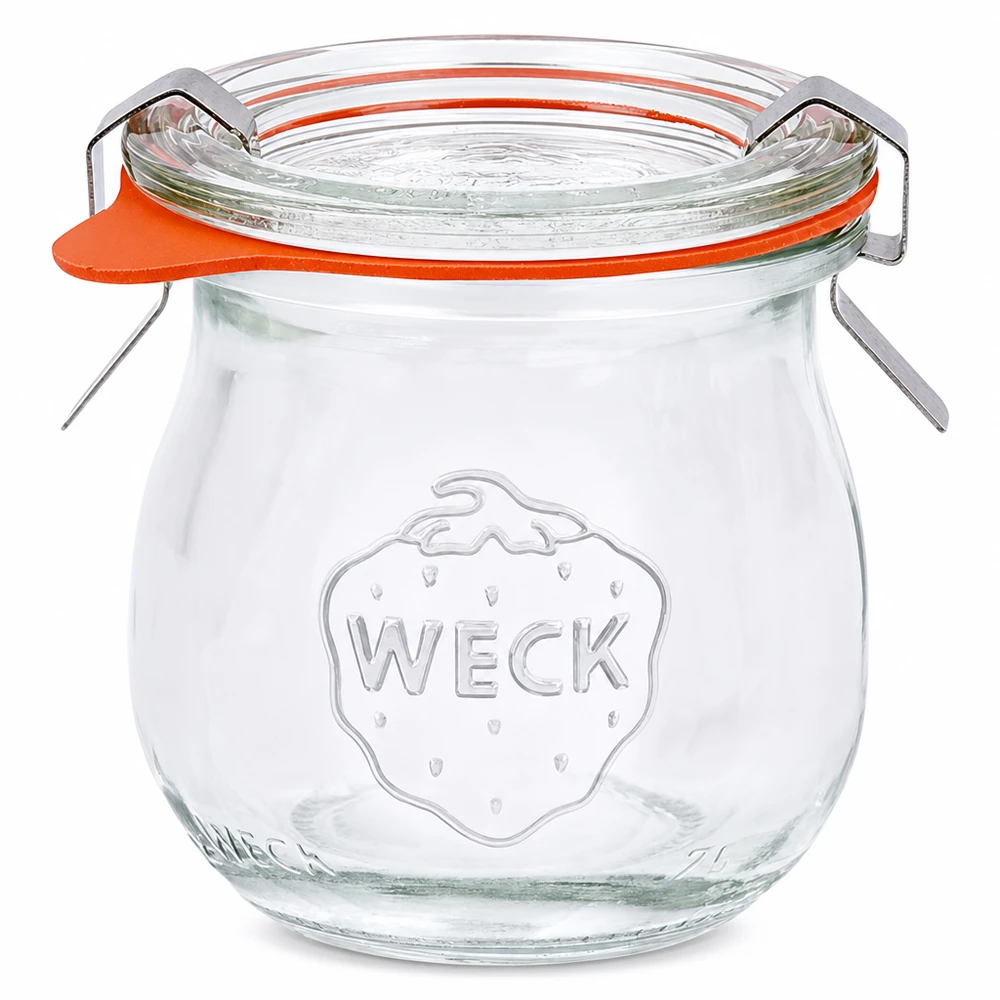 Słoik tulipan 75ml kompletny WECK RR40 WECK słoik tulipan 75ml RR40 ze szklaną pokrywką i pomarańczowym gumowym pierścieniem Słoik do przechowywania i konserwowania
