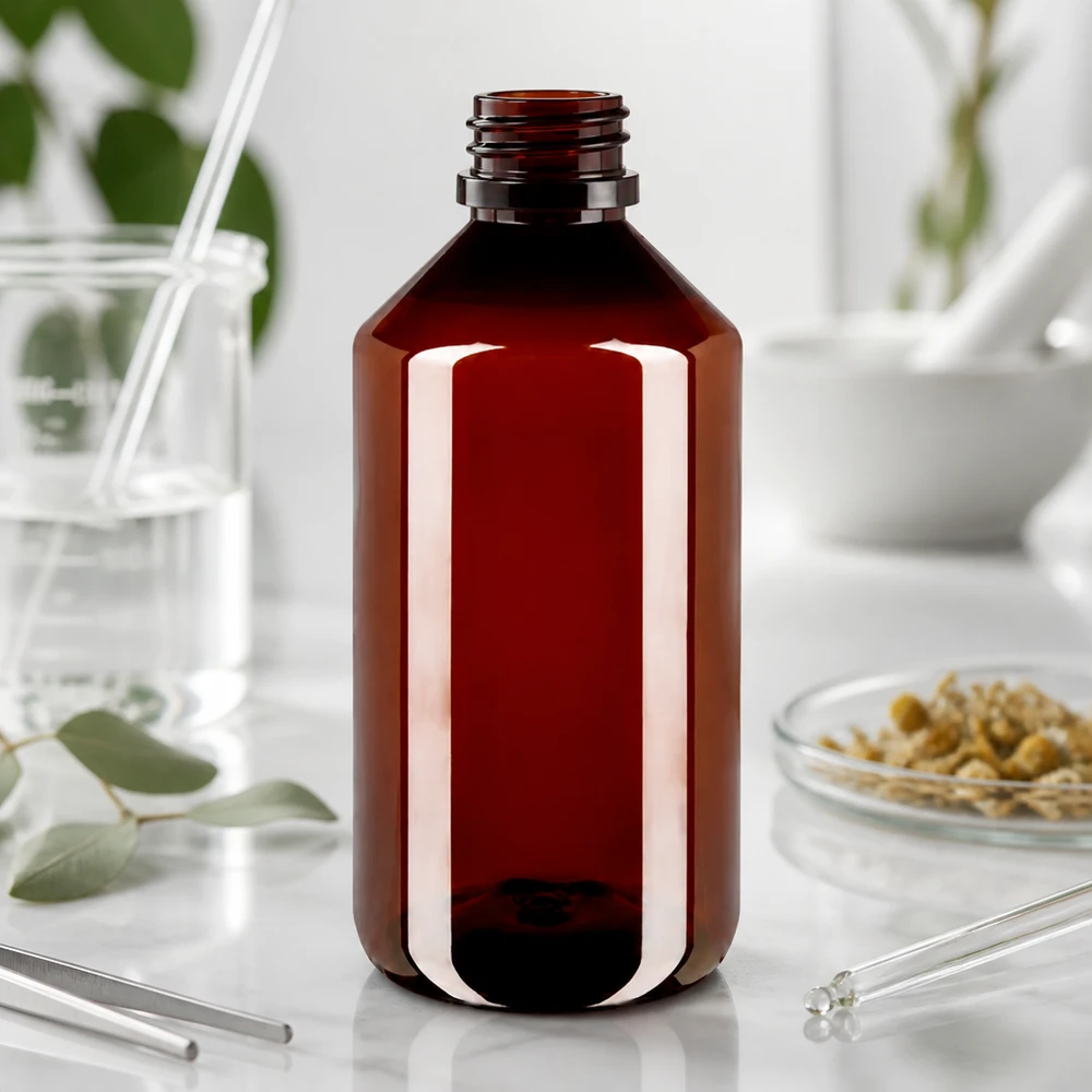 Butelka PET chroniąca przed światłem, 750 ml, w kolorze bursztynowym, bez zamknięcia, przeznaczona dla aptek i laboratoriów