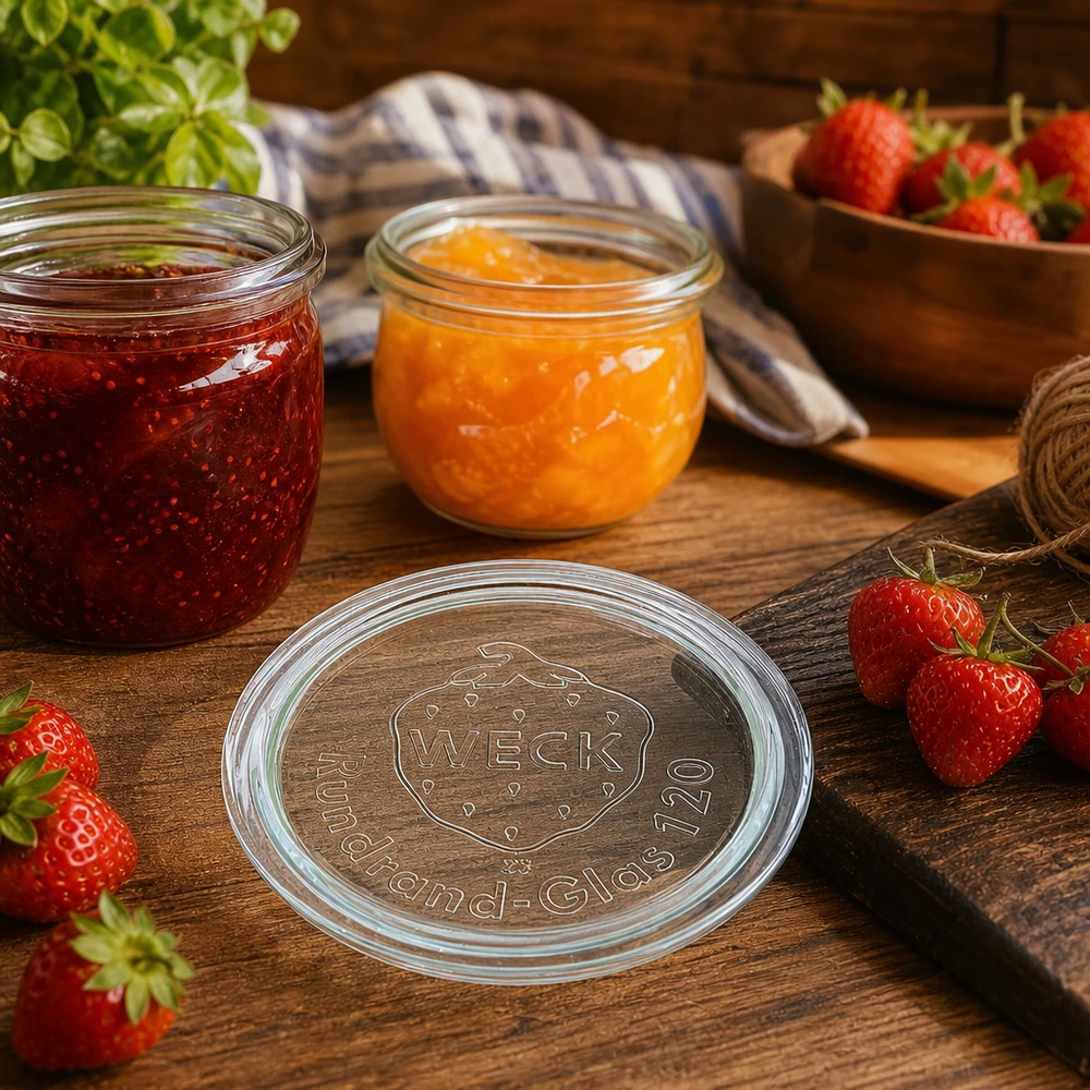 Szklana pokrywka WECK RR120 WECK Glasdeckel RR120 für stilvolle Marmeladengläser und Konservierung von Obst in rustikaler Küche mit Erdbeeren