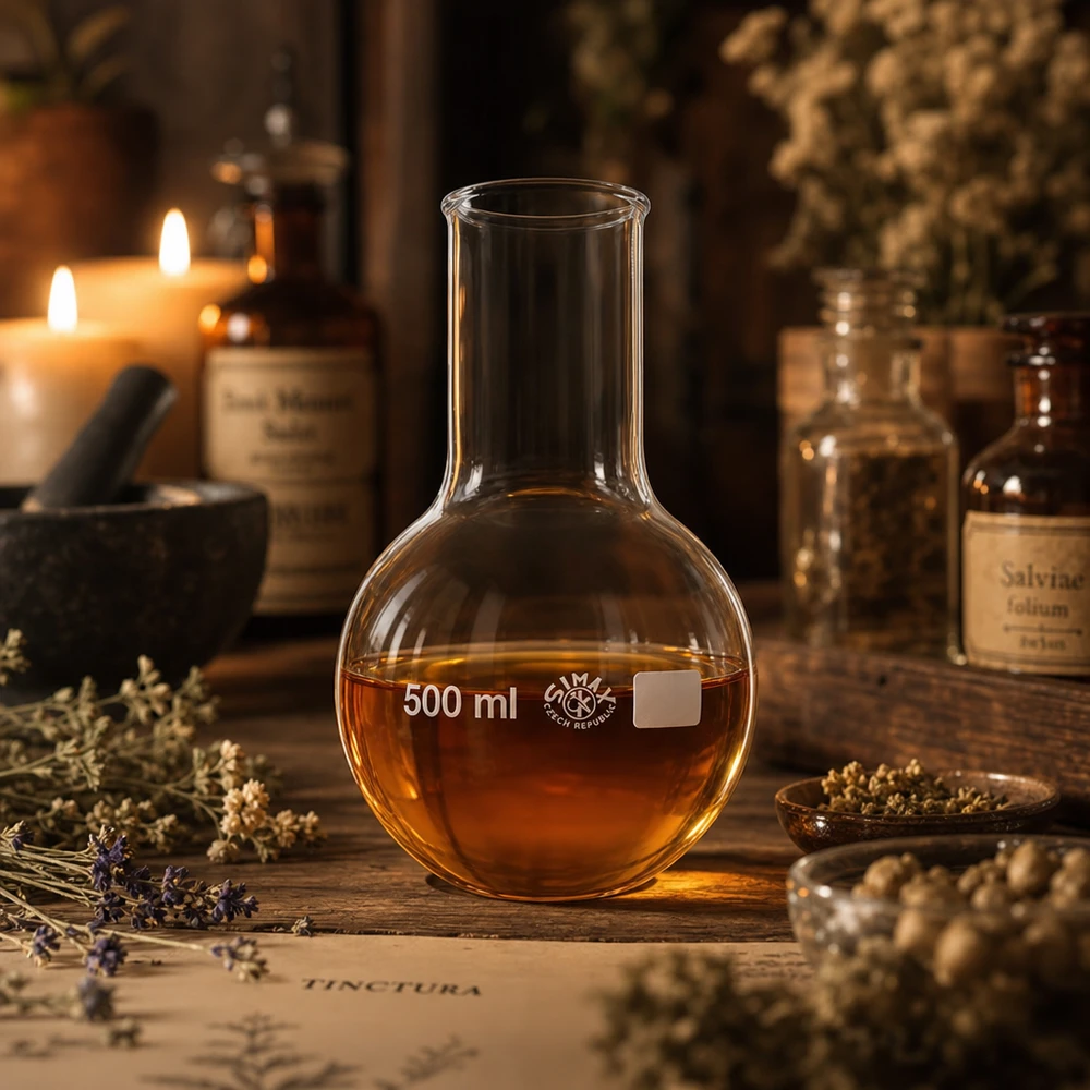 Kolba okrągłodenna o pojemności 500 ml z szeroką szyjką, wykonana z wytrzymałego szkła, przeznaczona do eksperymentów chemicznych i destylacji.