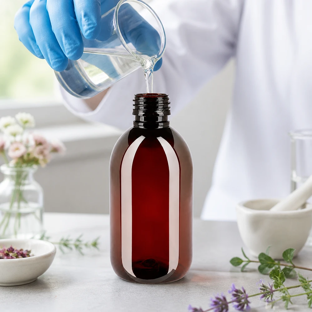 Pusta butelka apteczna o pojemności 250 ml, wykonana z PET w kolorze bursztynowym, jest napełniana płynem w laboratorium