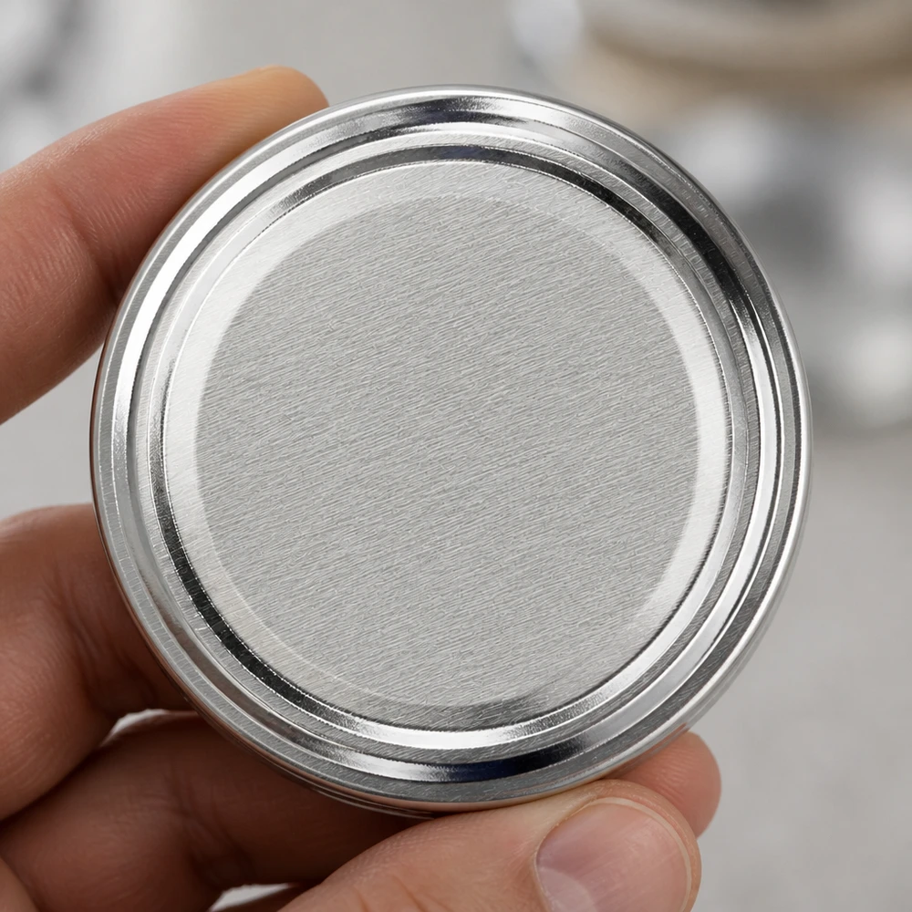 Pokrywka BasicSeal 58 mm, srebrna (TO58) UNiTWIST Zbliżenie na metalową pokrywkę TO58 BasicSeal 58 mm, srebrną, o okrągłym kształcie i zagiętym brzegu, UniTwist