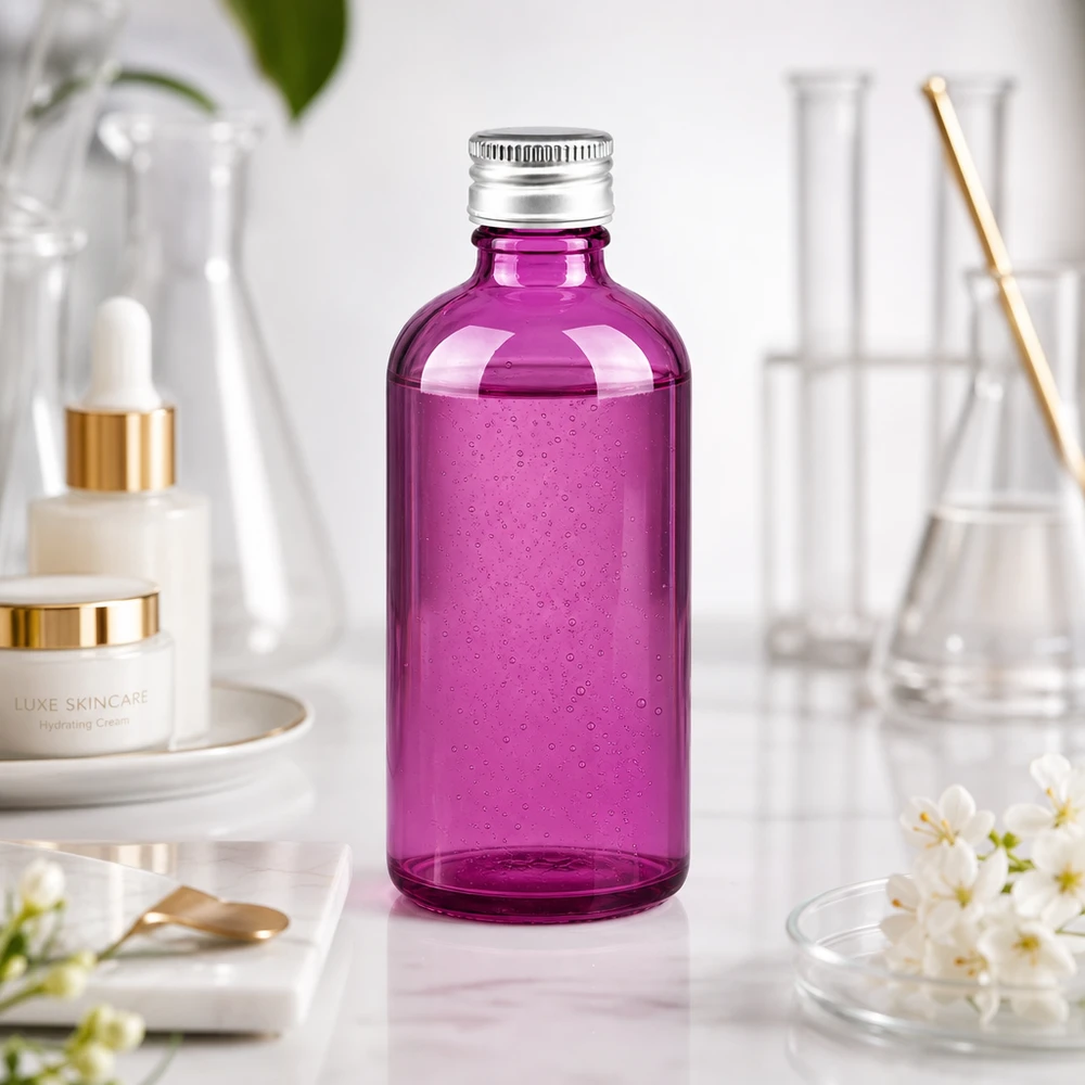 Butelka 100 ml. Zakrętka 11 mm aluminiowo-srebrna w standardzie PurpleLine. UT18/100 Kompaktowa szklana butelka o pojemności 100 ml w kolorze intensywnego fioletu, idealna do produktów do pielęgnacji skóry i esencji.