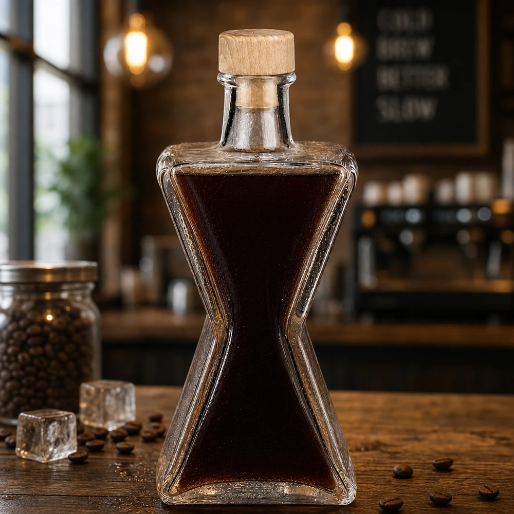 200ml Glasflasche Star mit Kaffeelikör befüllt - Holzkorken UNiTWIST in stilvoller Café-Atmosphäre mit Kaffeebohnen