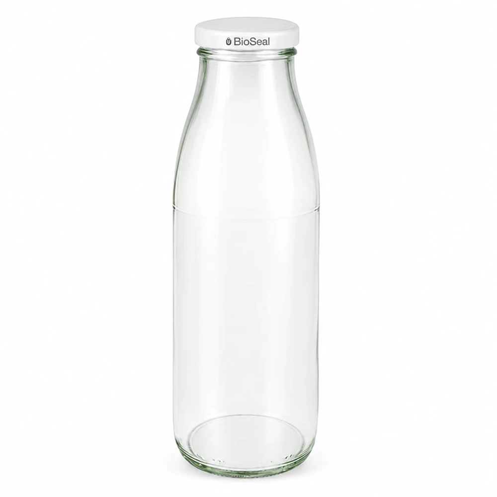 Butelka szklana 500 ml + pokrywka BioSeal biała UNiTWIST. Całkowicie szczelna z dużą pokrywką TO48. Do mleka, soków i lemoniady. 500 ml szklana butelka z białą pokrywką BioSeal, przezroczysta, z certyfikatem UN, butelka na mleko do żywności i napojów