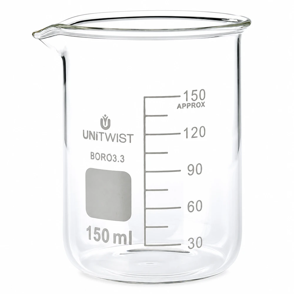 Szklanka laboratoryjna 150 ml z borokrzemianu, o niskim profilu, UNiTwist, przezroczysta, ze skalą do 150 ml