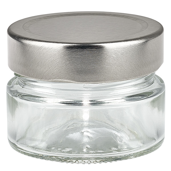 80 ml okr&#261;g&#322;y pojemnik szklany + pokrywka BasicSeal srebrna g&#322;&#281;boka UN..