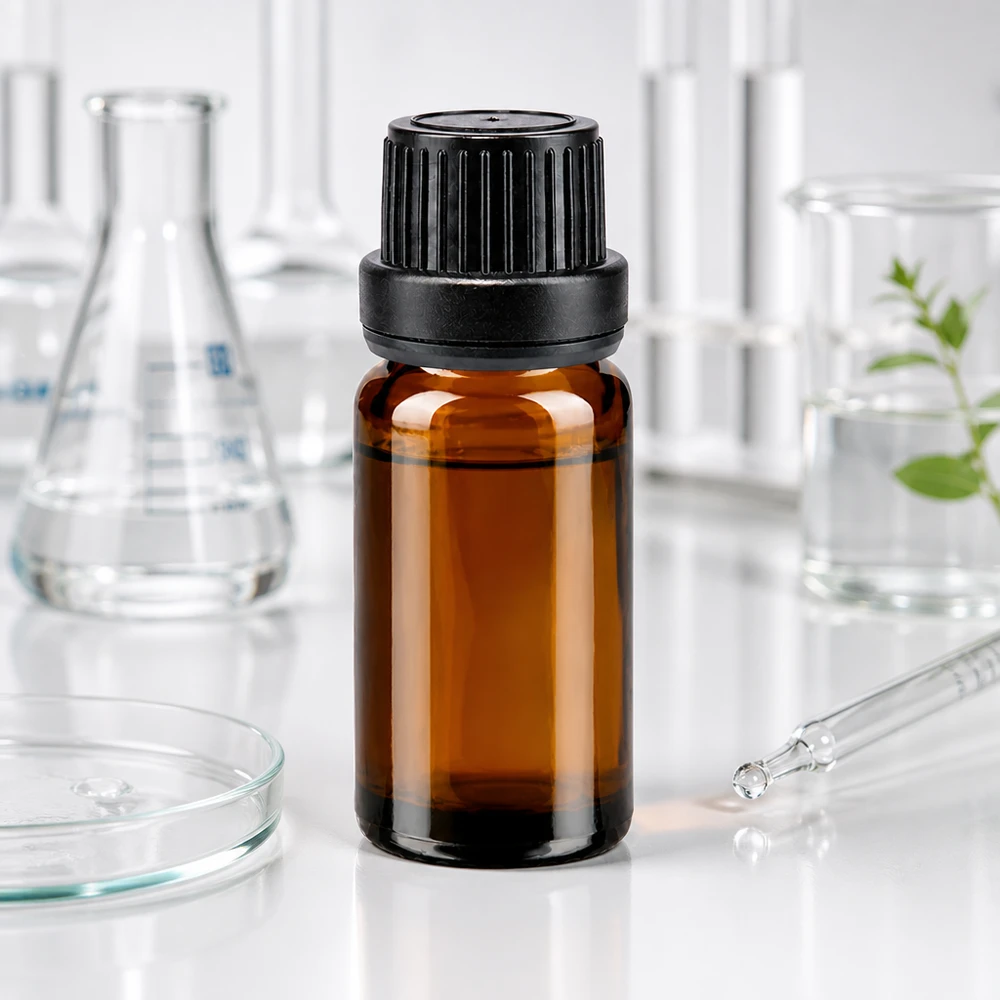 Brązowa butelka z zakraplaczem o pojemności 10 ml, z wkładem zakraplającym 2 mm i czarną zakrętką OV, stosowana w warunkach laboratoryjnych