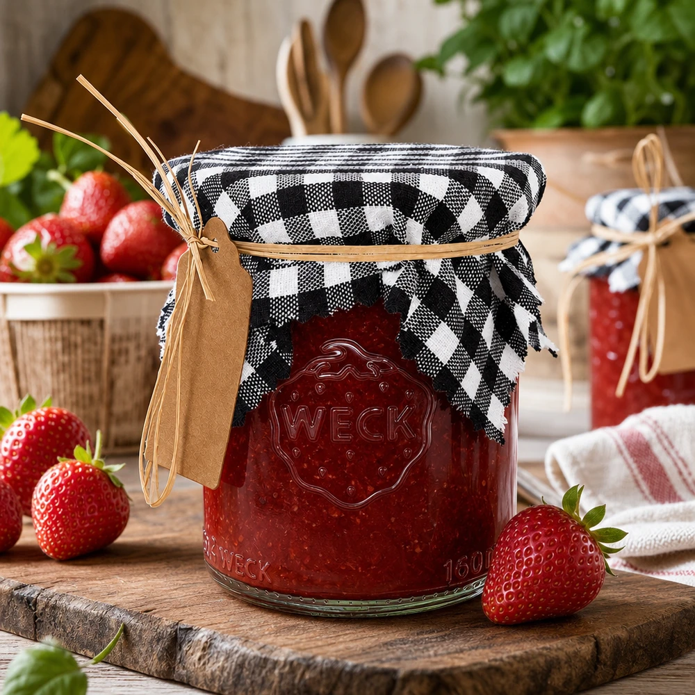 Czarno-biała serwetka w kratkę na słoiku po dżemie z truskawkami, rustykalna dekoracja kuchni w stylu vintage