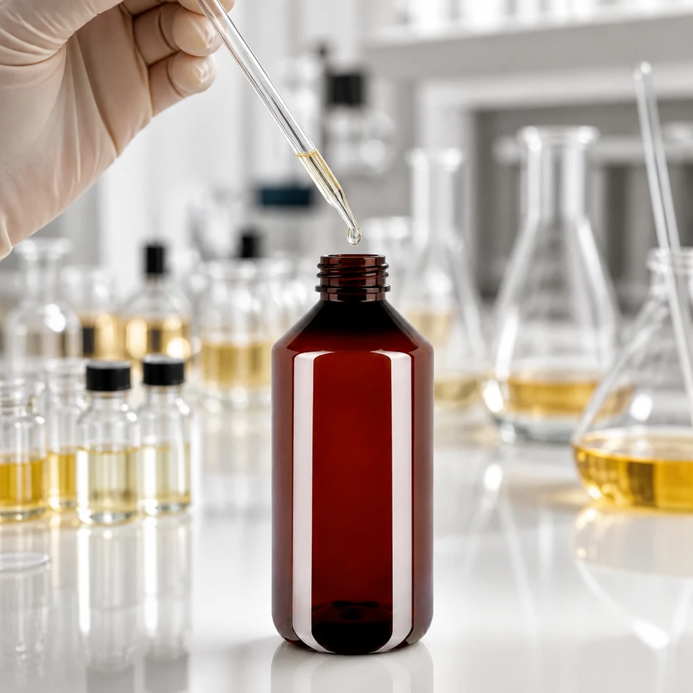 Brązowa butelka PET o pojemności 1000 ml z niebieskim zamknięciem zabezpieczającym przed manipulacją, przeznaczona do przechowywania chemikaliów laboratoryjnych i olejów