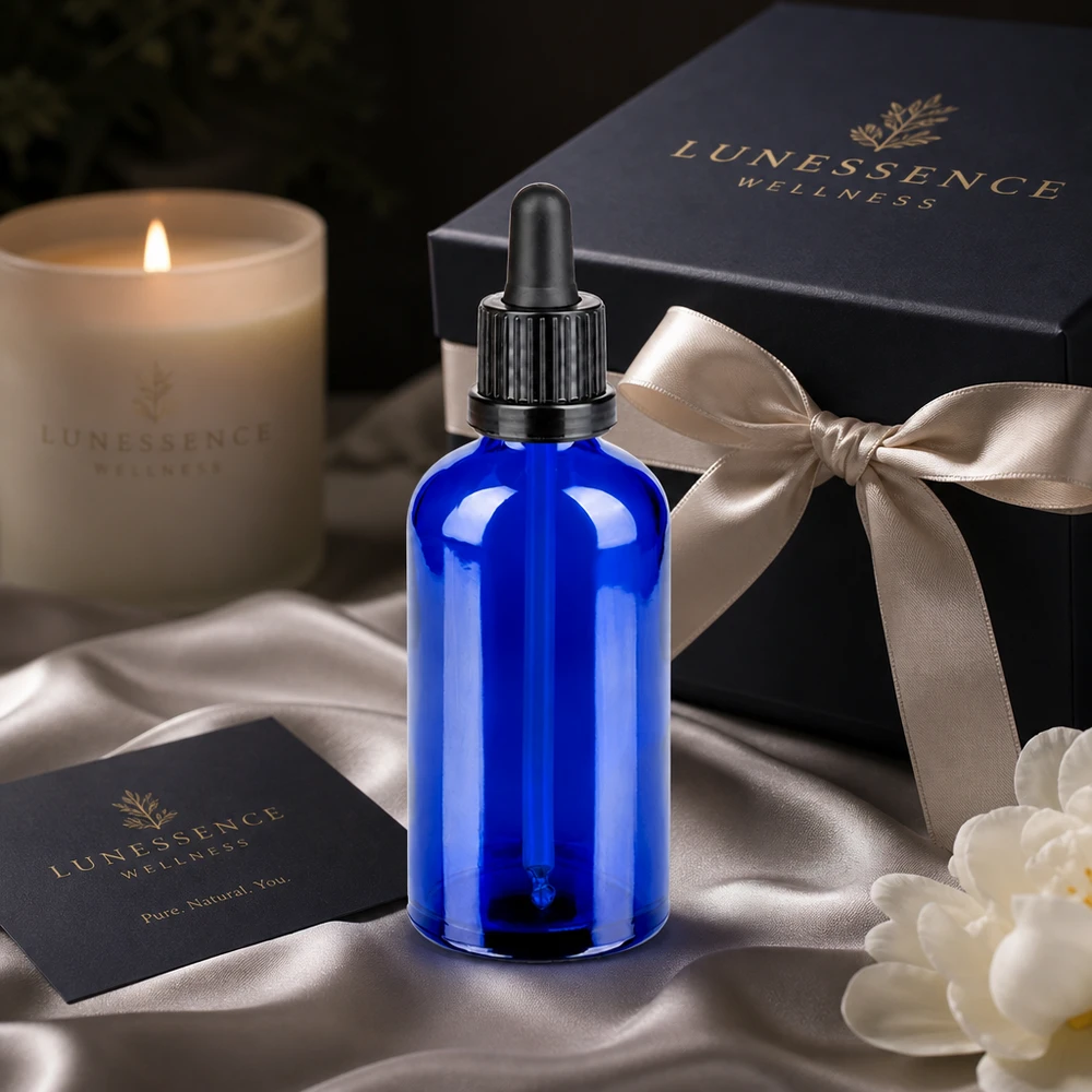Elegancka niebieska szklana butelka 100 ml z czarną pipetą do produktów wellness i produktów do pielęgnacji skóry