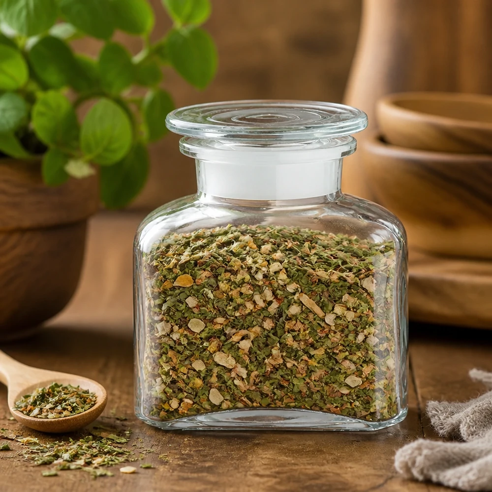 Szklany pojemnik na przyprawy o pojemności 150 ml z mieszanką oregano i czosnku oraz drewnianą łyżeczką na rustykalnym drewnianym stole