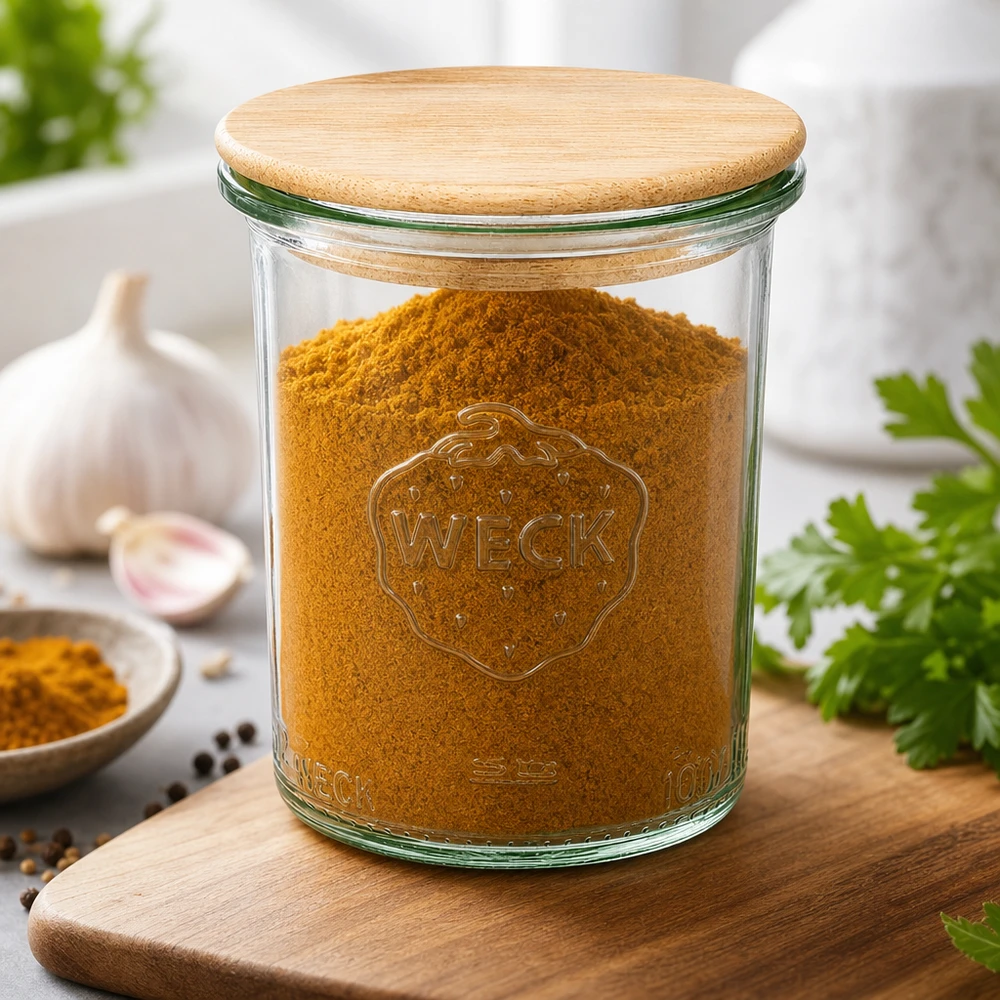 WECK 160ml RR60 słoik z bambusową pokrywką wypełniony kurkumą przyprawy deska kuchenna czosnek zioła