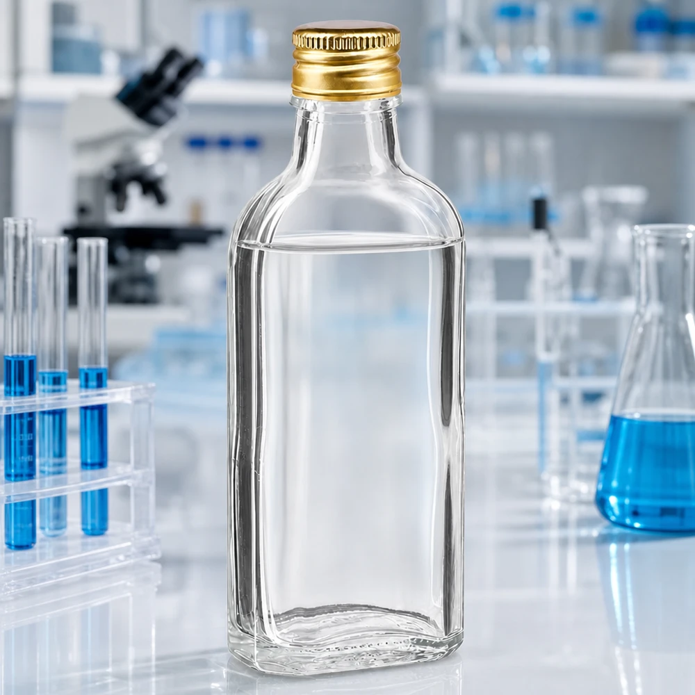 100 ml Meplat przezroczysty z aluminiowym kapslem złoty PP22 Przezroczysta butelka Meplat o pojemności 100 ml ze złotym zamknięciem aluminiowym typu PP22 w laboratorium naukowym