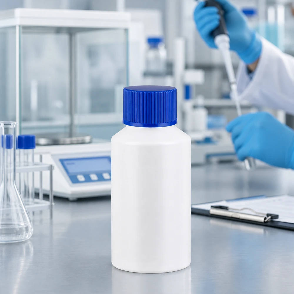 Butelka apteczna HDPE 50ml biała, z niebieskim SV Kompaktowa biała butelka z HDPE o pojemności 50 ml z niebieskim zamknięciem zabezpieczającym na laboratoryjnym blacie ze stali nierdzewnej
