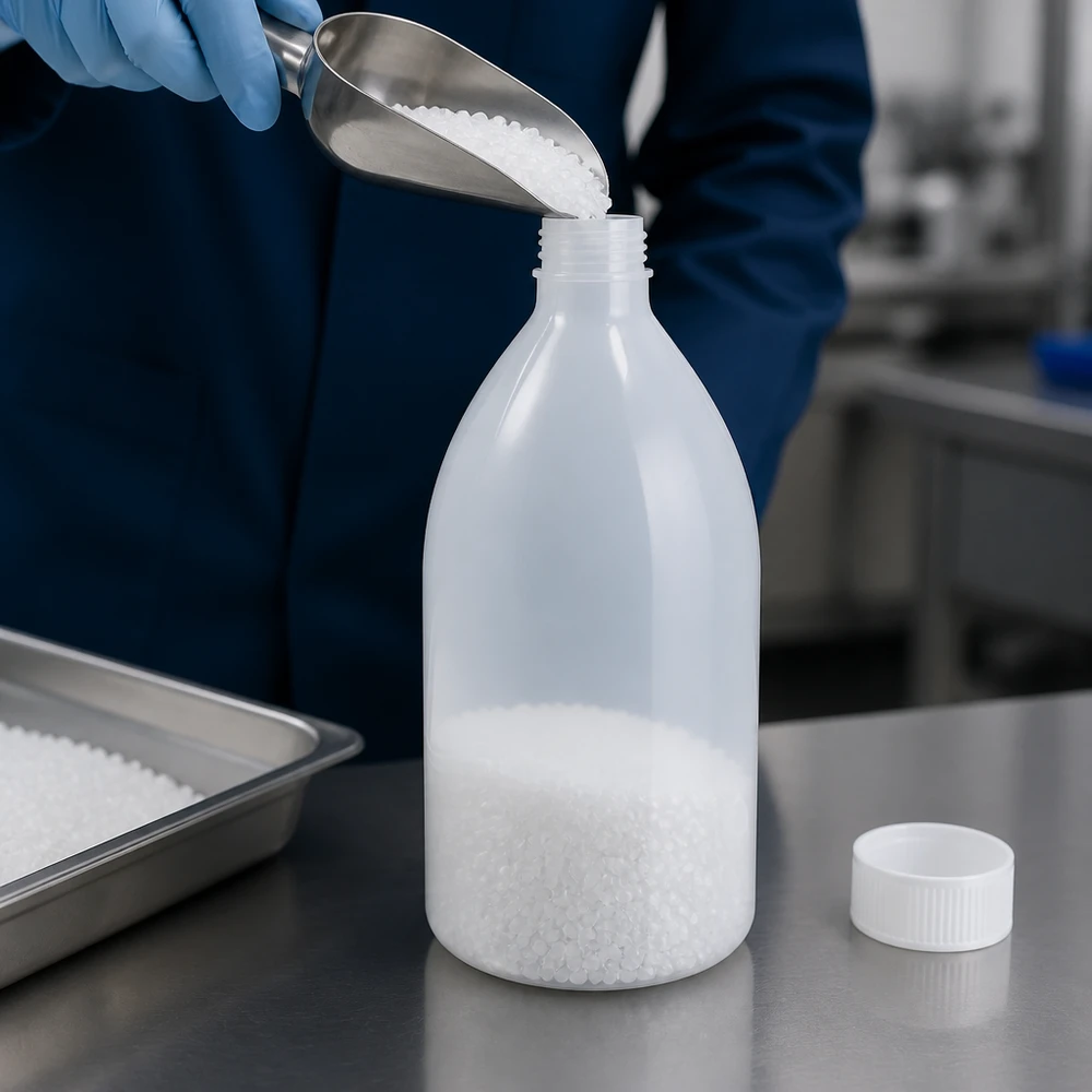 Butelka laboratoryjna 1000 ml z wąską szyjką bez zakrętki Butelka laboratoryjna z wąską szyjką o pojemności 1000 ml, wykonana z HDPE, bez zamknięcia, jest napełniana granulatem