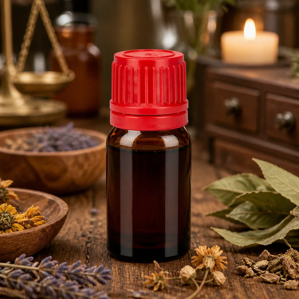 Mała szklana butelka 5 ml z czerwoną nakrętką, idealna do kosmetyków DIY i naturopatii