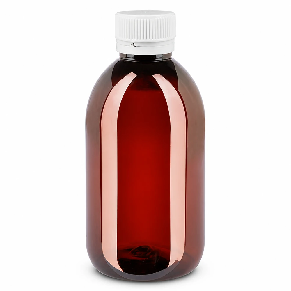 Butelka PET 250 ml z białym karbowanym OV Brązowa butelka PET o pojemności 250 ml z białym, żłobkowanym zamknięciem zabezpieczającym