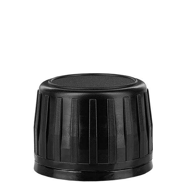 Czarna zakrętka do butelek na leki z pierścieniem OV i pierścieniem do nalewania Czarna zakrętka do butelek na leki z pierścieniem OV i pierścieniem do nalewania
