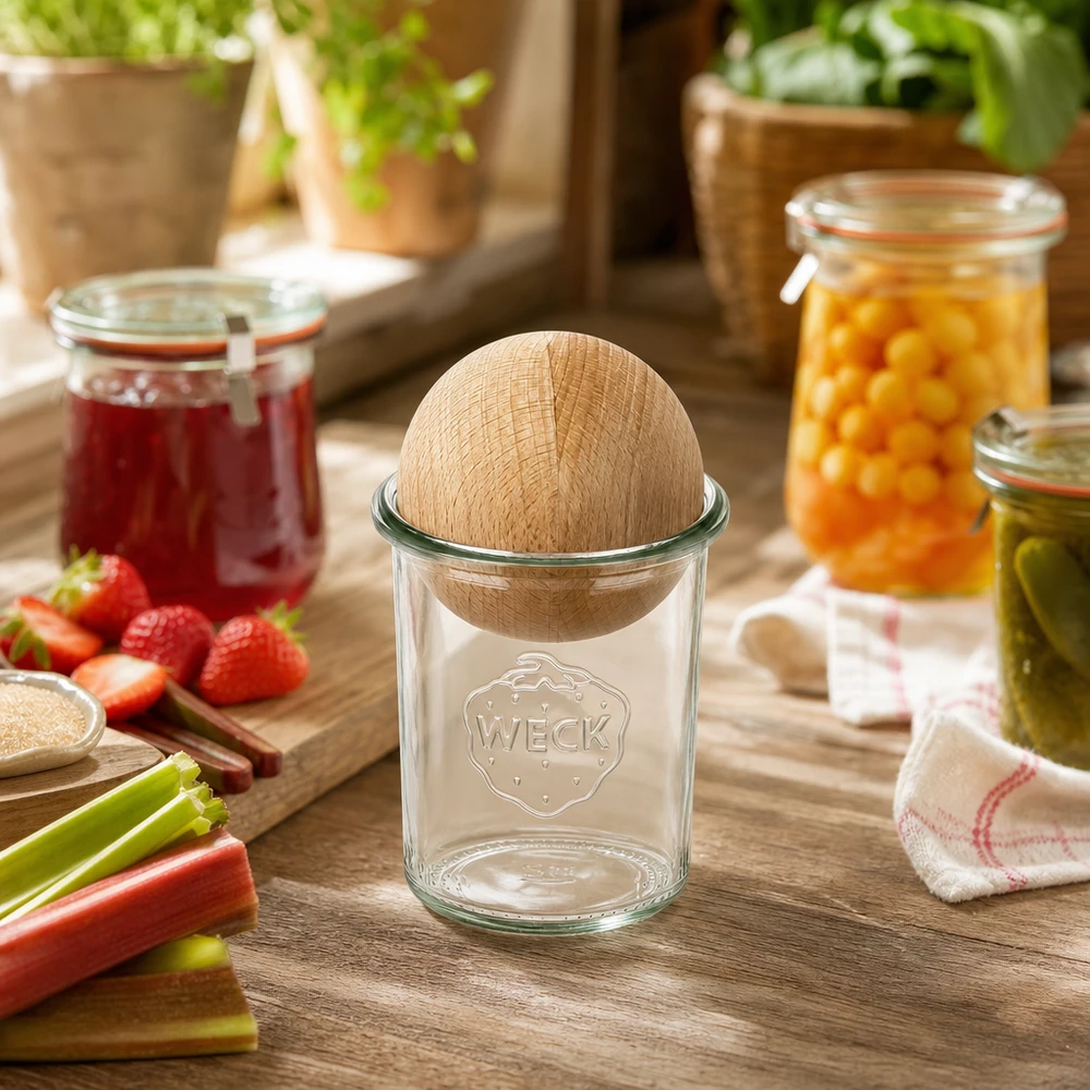 Kubki 160ml WECK RR60 z drewnianą kulką buk WECK Sturzglas 160ml mit Buchenkugel in rustikaler Küche neben Marmeladengläsern und frischen Zutaten dekoriert