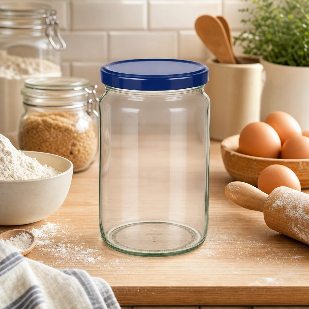 Słoik okrągły 795 ml + pokrywka BasicSeal niebieska UNiTWIST 795ml Rundglas mit blauem BasicSeal Deckel auf Küchenarbeitsplatte mit Backzutaten Eiern und Mehl für Vorratshaltung