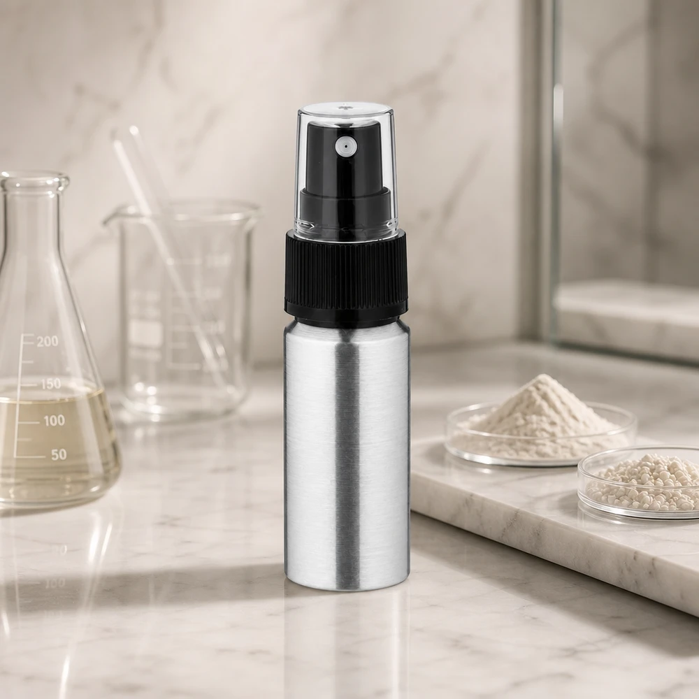 Butelka z polerowanego aluminium 20 ml z czarną głowicą rozpylającą do kosmetyków i perfum