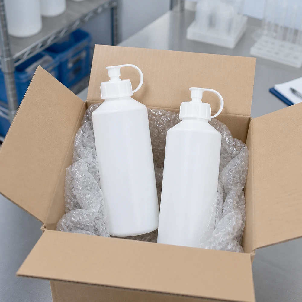 Butelka apteczna HDPE 100ml z zakrętką, z rozpylaczem Dwie białe butelki apteczne z HDPE o pojemności 100 ml z pompką, zapakowane w karton wysyłkowy z folią bąbelkową