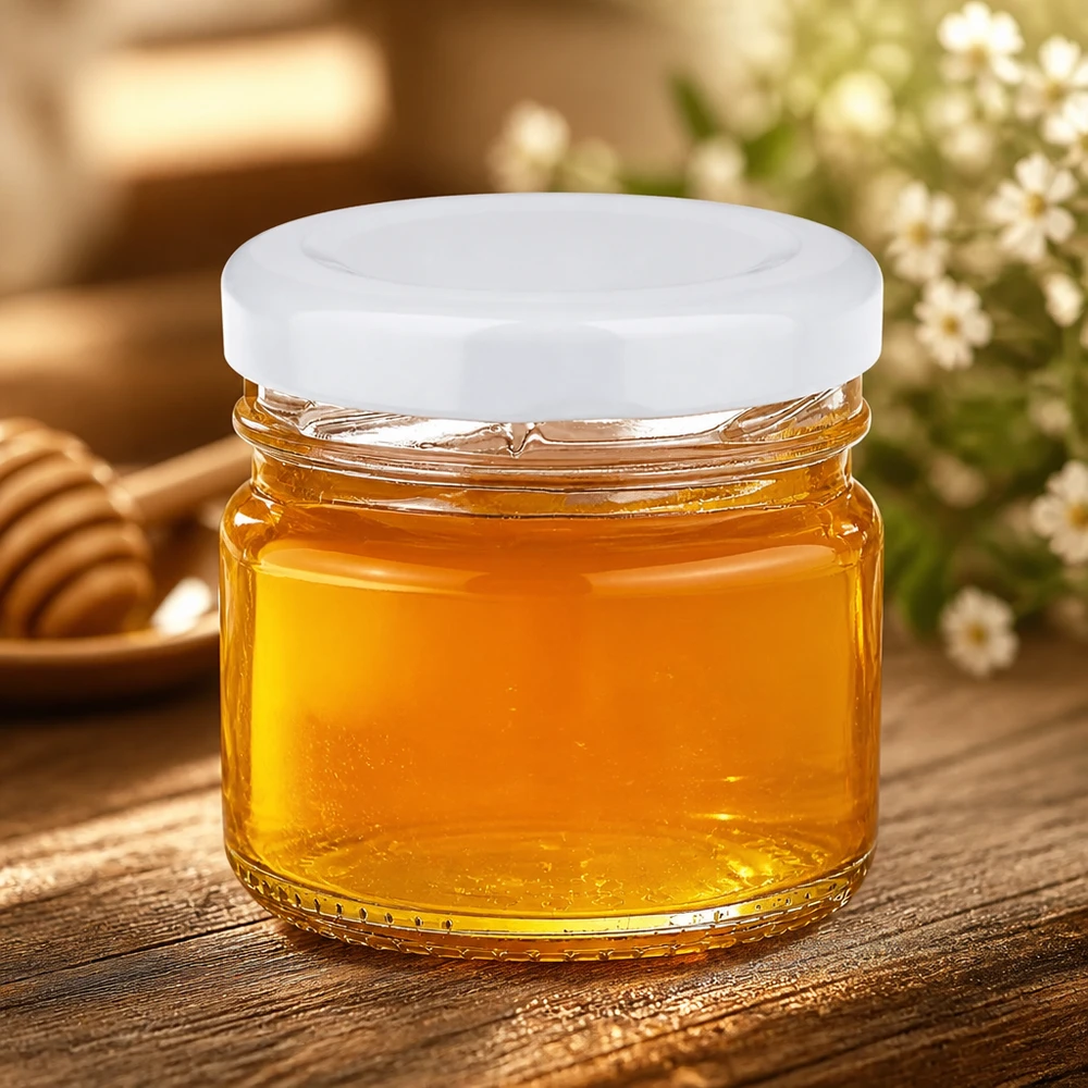 Okrągła szklanka 33 ml + biała pokrywka BasicSeal UNiTWIST Okrągła szklana butelka UNiTWIST o pojemności 33 ml z białą pokrywką BasicSeal, wypełniona złotym miodem, na drewnianym stole