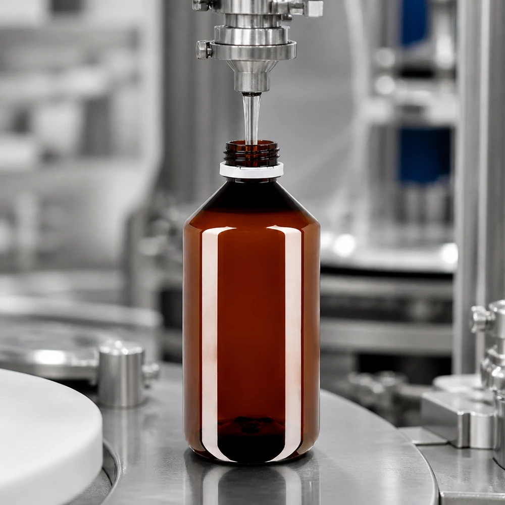 Linia rozlewnicza napełnia brązowe, okrągłe butelki PET o pojemności 750 ml z białymi, żłobkowanymi oryginalnymi nakrętkami