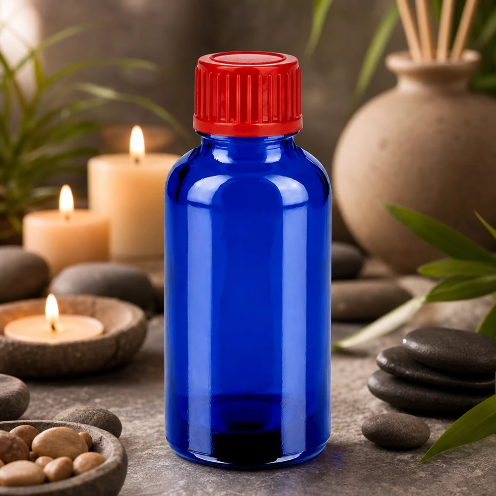 Butelka 30 ml 11 mm SV czerwona STD BlueLine UT18/30 Butelka z zakraplaczem o pojemności 30 ml wykonana z niebieskiego szkła chroniącego przed promieniowaniem UV i szczelna czerwona zakrętka.