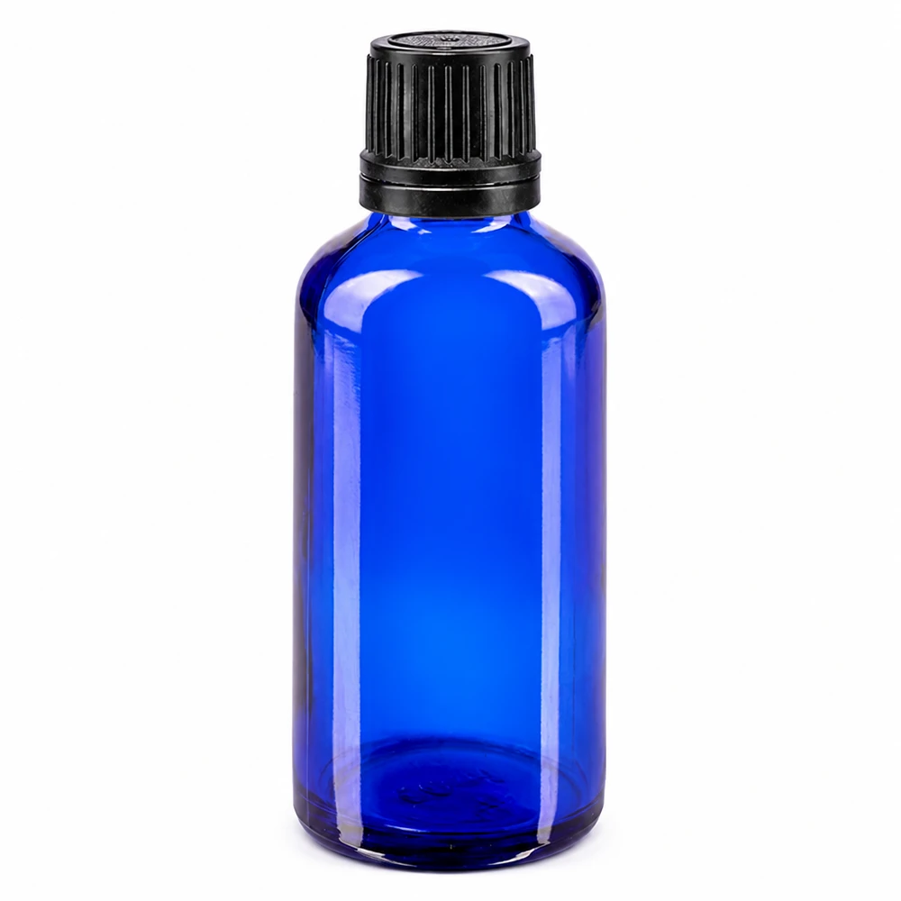 Butelka apteczna niebieska 50ml kroplówka v. Pr. 1mm czarny OV Niebieska szklana buteleczka o pojemności 50 ml z czarnym zamknięciem typu OV i kroplomierzem o średnicy 1 mm, wykonana ze szkła aptecznego