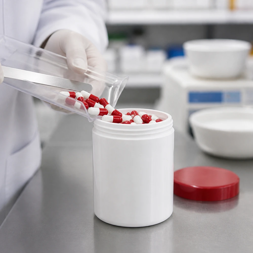 Słoik na maść 500g biały z czerwoną zakrętką (PP) Pojemnik farmaceutyczny 500 g, biały, z PP, z czerwoną zakrętką, do napełniania kapsułek w laboratorium