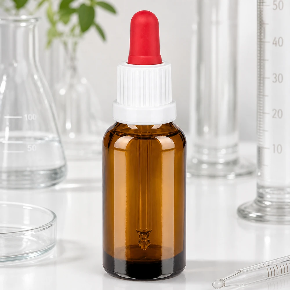 Butelka do leków płynnych 20 ml, biała/czerwona OV BrownLine UT18/20 Wysokiej jakości pipeta laboratoryjna 20 ml w kolorze brązowym z ochroną UV i precyzyjnym dozowaniem kropli