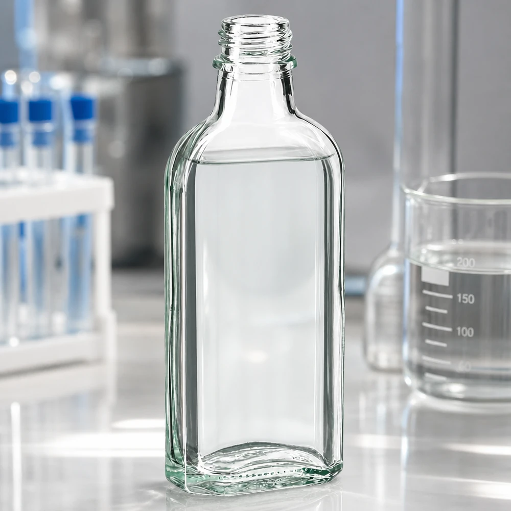 Płaska, przezroczysta butelka Meplat o pojemności 100 ml z gwintem DIN 22 w laboratorium medycznym