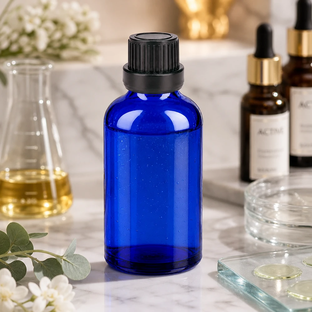 Butelka 50 ml 11 mm SV czarna OV BlueLine UT18/50 Wysokiej jakości butelka apteczna o pojemności 50 ml wykonana z chroniącego przed promieniowaniem UV szkła kobaltowego z czarną nakrętką z zabezpieczeniem antysabotażowym.