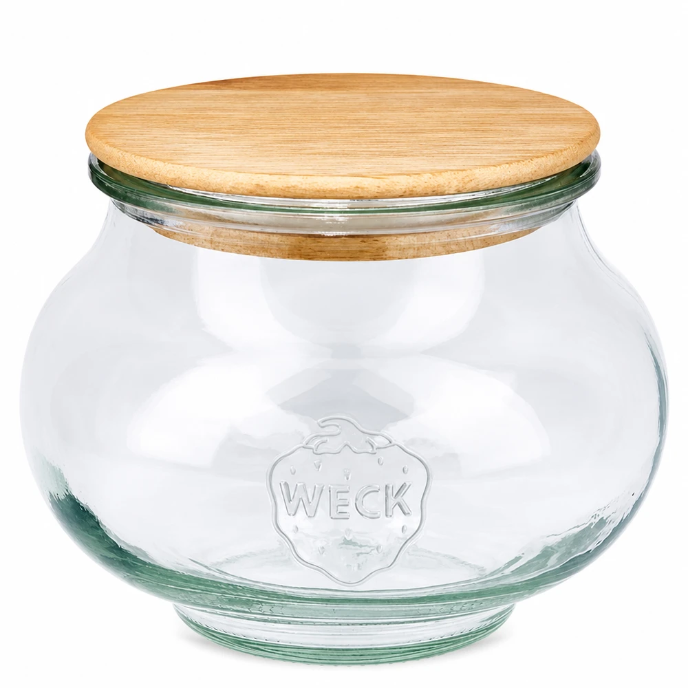 Słoik jubilerski WECK RR80 o pojemności 560 ml z drewnianą pokrywką Słoik na biżuterię WECK 560ml RR80 z okrągłą drewnianą pokrywką wykonany z dębu przezroczysty słoik do przechowywania z logo Weck
